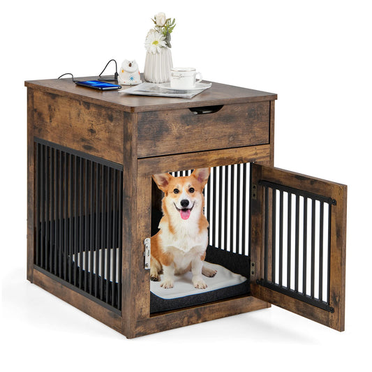 Giantex Dog Crate Furniture, Dog Kennel End Table with Chew-Proof Metal Fence, Lockable Door, Storage Drawer, Wired and Wireless Charging, Wooden Pet - WoodArtSupply