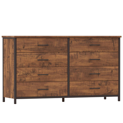 IKENO 8 Drawer Double Dresser, 55 inch Industrial Wood Storage Dressers & Chests of Drawers with Sturdy Steel Frame, Wood Rustic Large Storage - WoodArtSupply