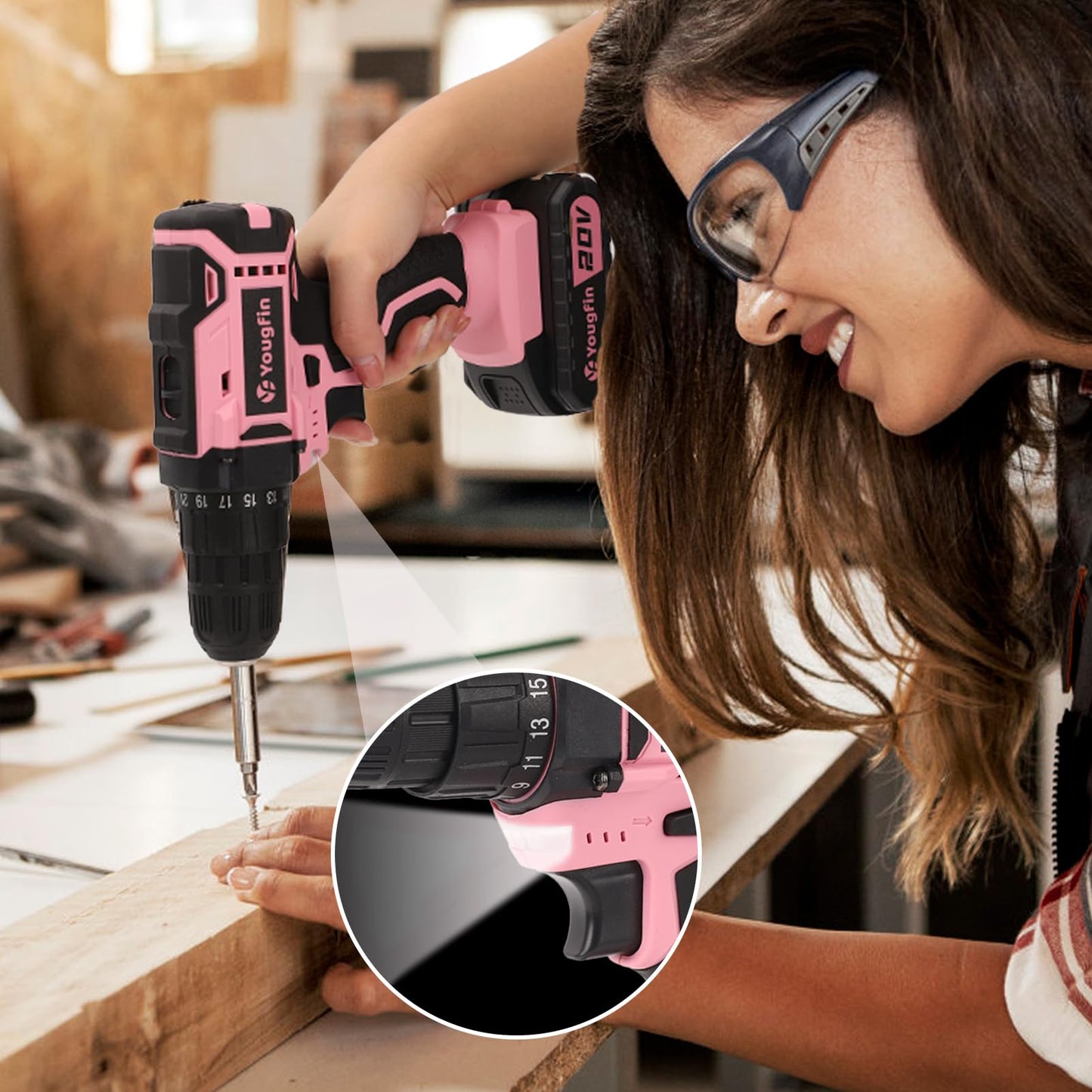 Yougfin Cordless Drill Set Pink For Ladies, 20V Power Drill Driver With Battery & Charger, 3/8" Keyless Chuck, Variable Speed, 25+1 Torque Setting,