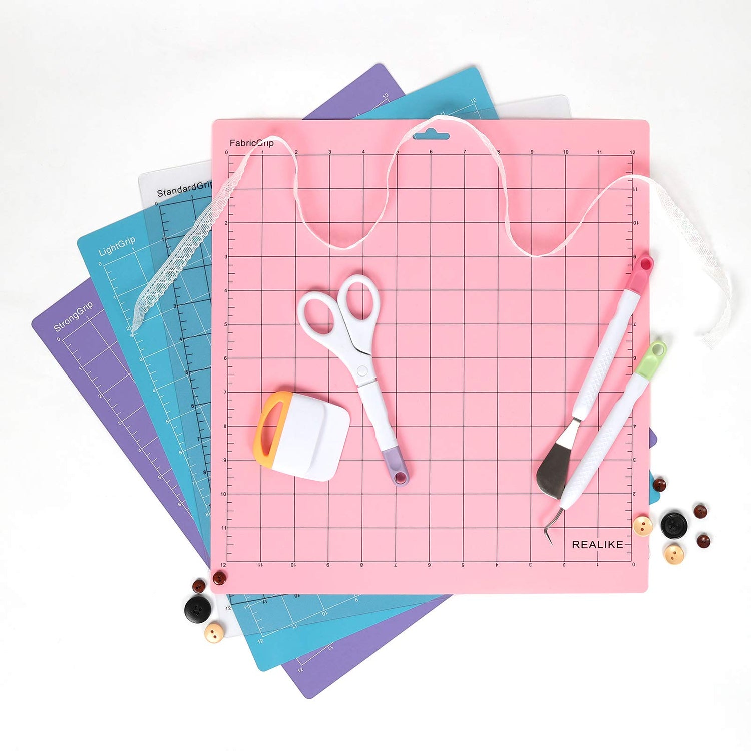 REALIKE Cutting Mat for Cricut Maker 3/Maker/Explore 3/Air 2/Air/One (12x12 inch,4 Mats, StandardGrip/LightGrip/StrongGrip/FabricGrip) Variety REALIKE