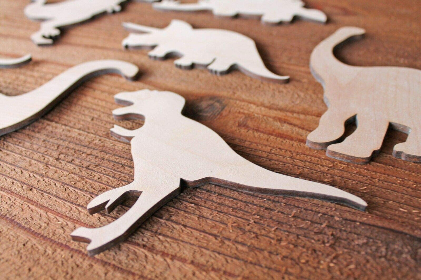 Set of 6 Large Dinosaur Wood Cutout Shapes 6", 8",10" or 12" available Cut out T-Rex Brontosaurus Brachiosaurus Velociraptor + more - WoodArtSupply