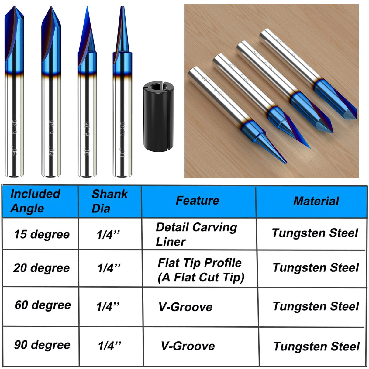 Helovmine Engraving Bits 15, 20, 60, 90 Degree CNC Wood Carving Router Bit Set with Nano Blue Coated, Marking Conical Engraving Router Tool , 2 Helovmine