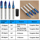 Helovmine Engraving Bits 15, 20, 60, 90 Degree CNC Wood Carving Router Bit Set with Nano Blue Coated, Marking Conical Engraving Router Tool , 2 Helovmine
