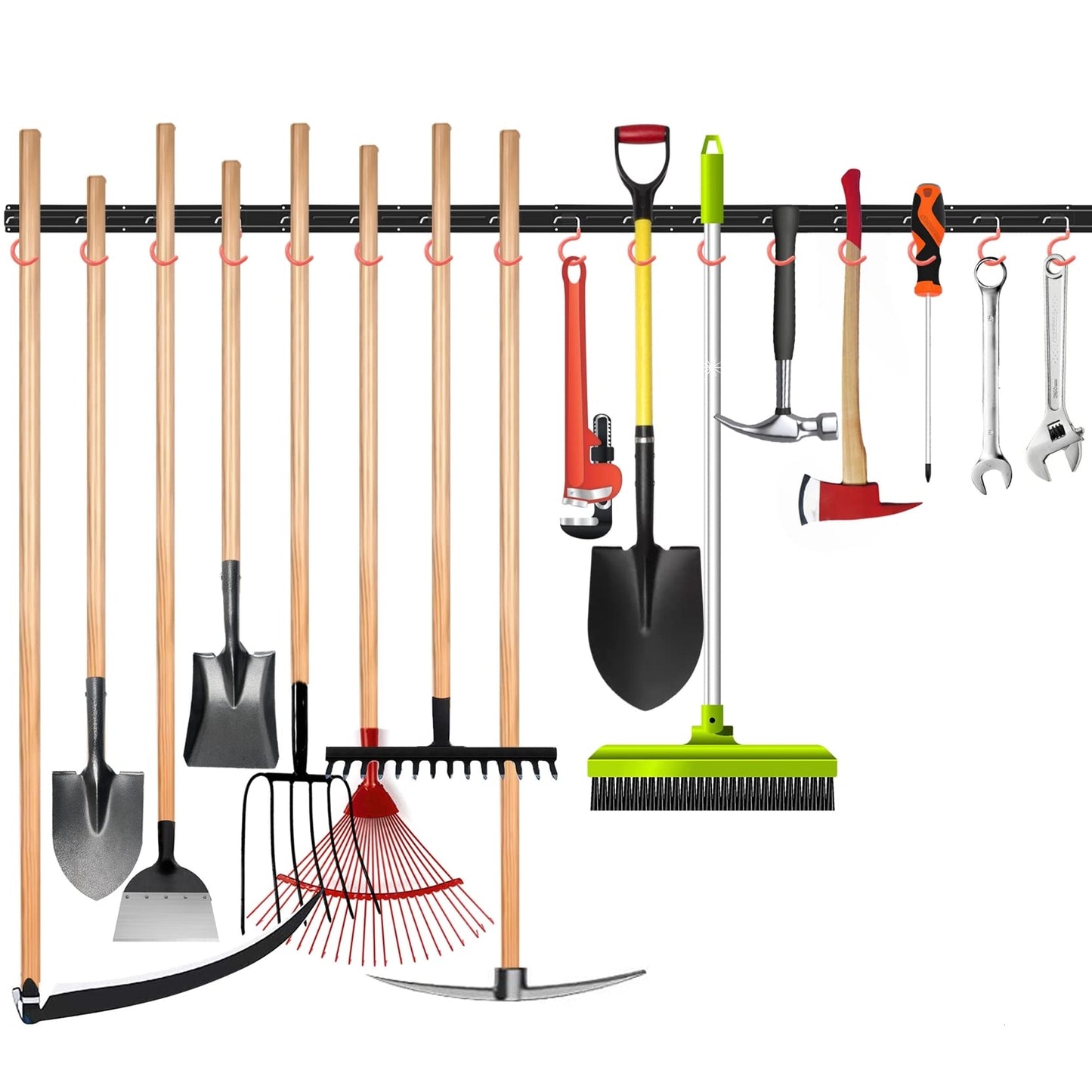 WALMANN All Metal 64 Inch Wall Mount Garden Tool Organizer for Garage, Mop and Broom Holder, Yard Tool Storage Rack for Rake, Shovel, Spade, Mop, - WoodArtSupply