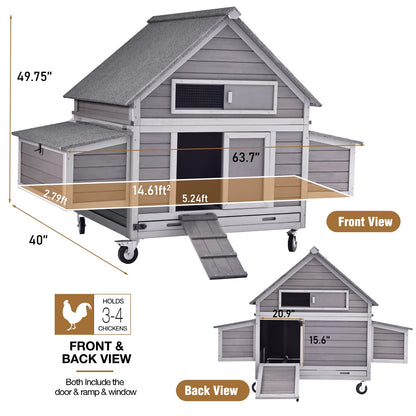 Chicken Coop Poultry Cage on Wheels Outdoor Duck Coop Wooden Hen House with Large Nesting Box, Movable