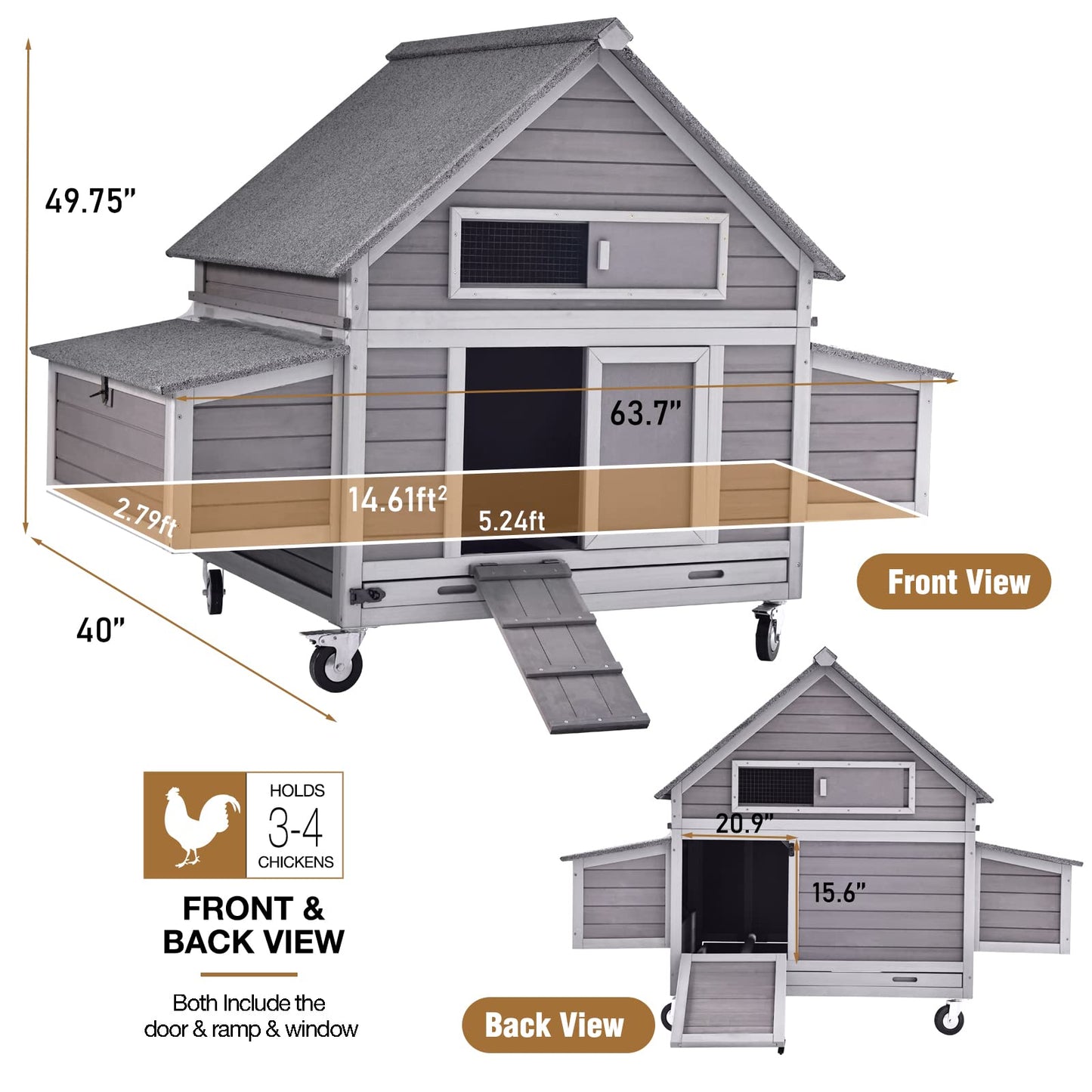 Chicken Coop Poultry Cage on Wheels Outdoor Duck Coop Wooden Hen House with Large Nesting Box, Movable