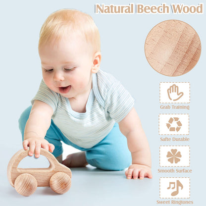 5 Pieces Wooden Baby Toys Wooden Toys for Babies 0-6-12 Months Wood Toys Rattles with Bells Montessori Wood Baby Push Car Wooden Newborn Toy for