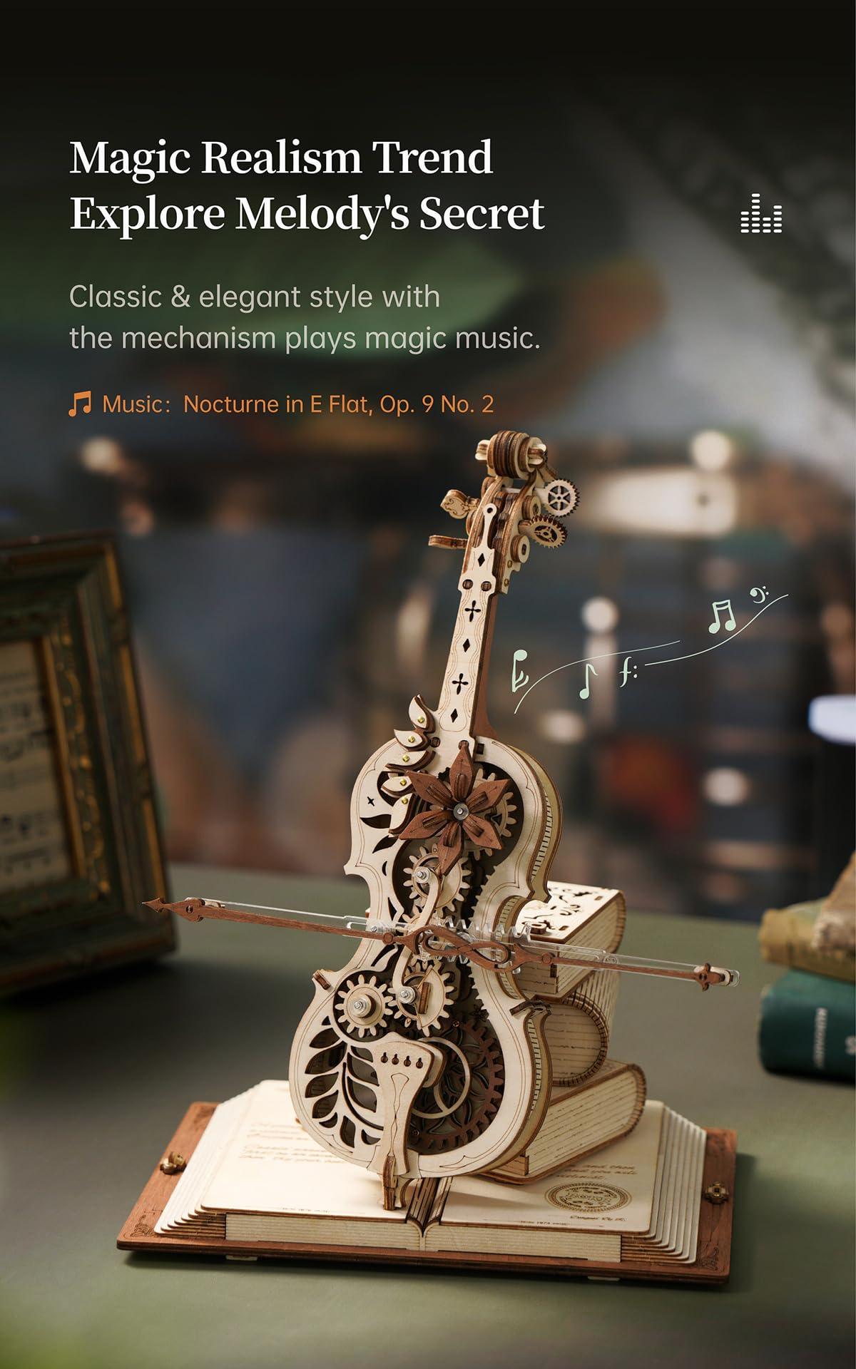 ROBOTIME AMK63 3D Puzzles for Adults, Mechanical Wooden Music Box Puzzle Kit, Magic Cello Model Kits to Build, Unique Gift for Her/Him Aesthetic Desk ROBOTIME