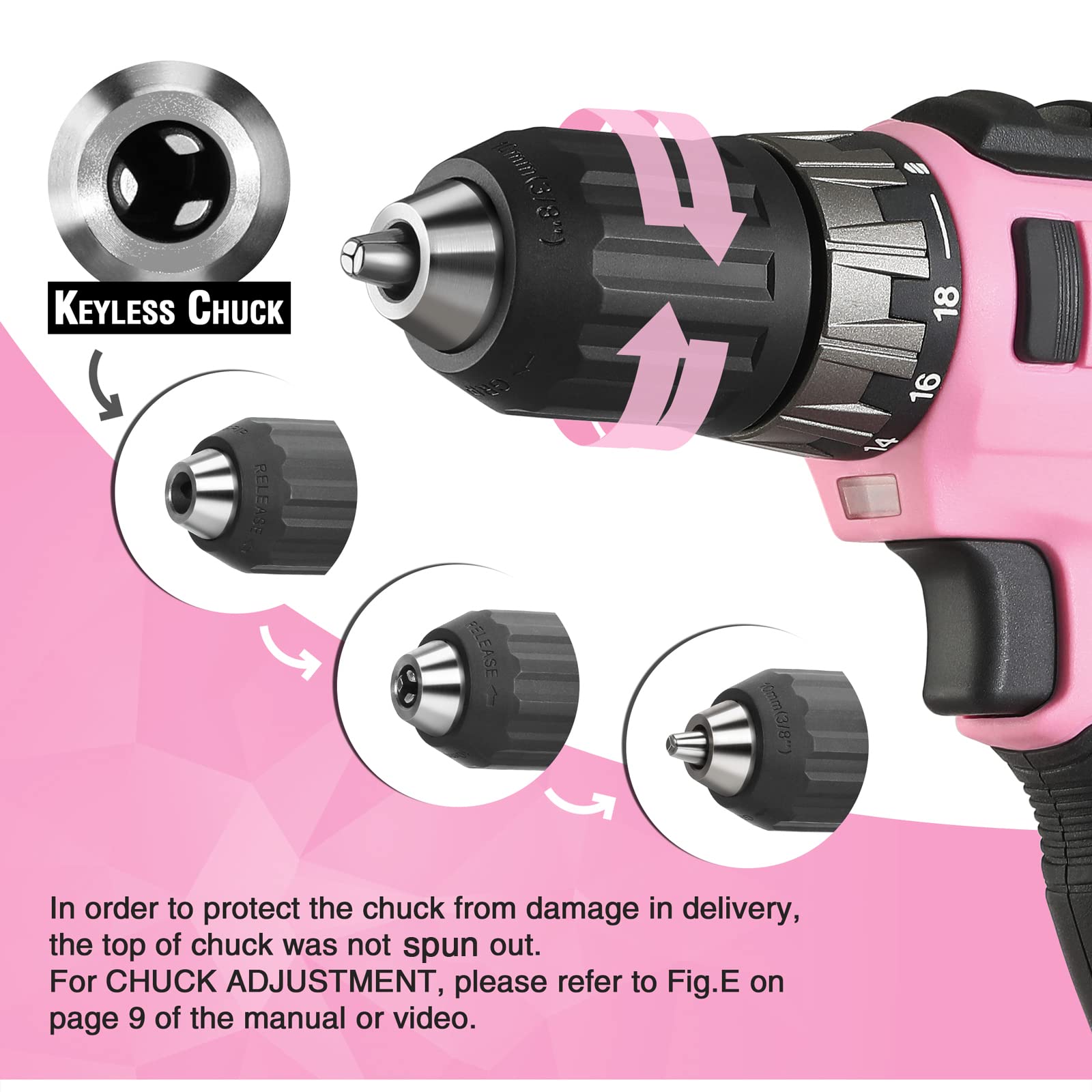 WORKPRO 20V Pink Cordless Drill Driver Set, 3/8” Keyless Chuck, 2.0 Ah Li-ion Battery, 1 Hour Fast Charger and 11-inch Storage Bag Included - Pink - WoodArtSupply