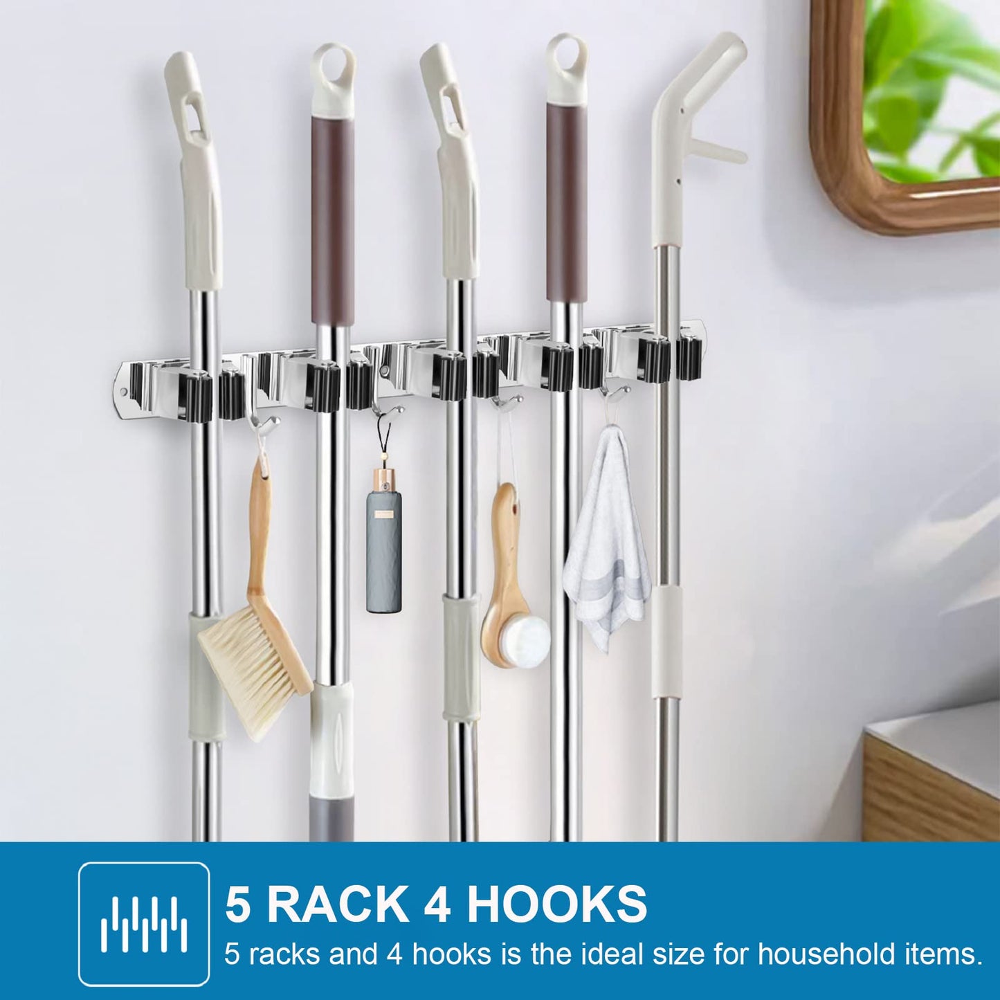 IMILLET 2 Pack Wall Mount Broom Holder Stainless Steel 5 Racks with 4 Hooks Broom Organizer Self Adhesive Heavy Duty Laundry Room, Garage - WoodArtSupply