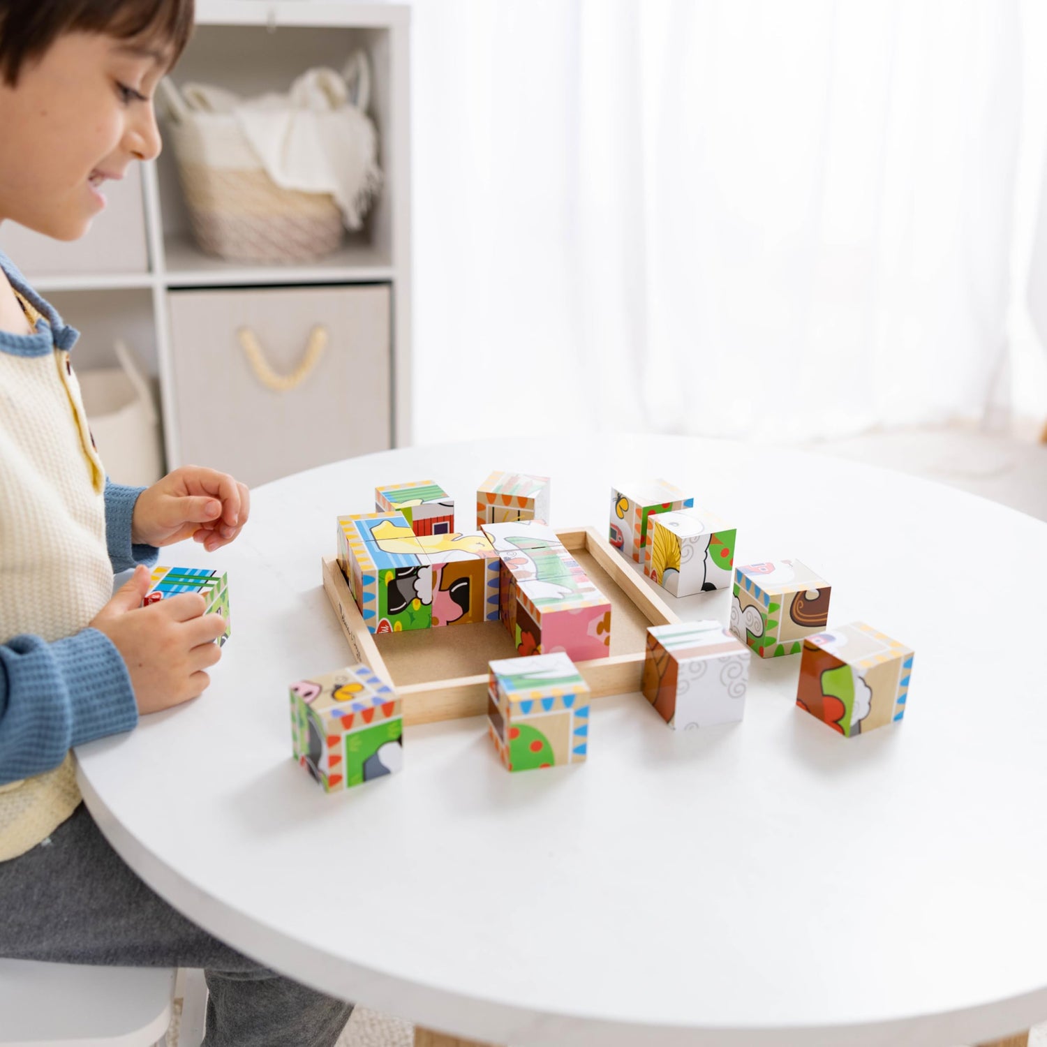 Melissa & Doug Farm Wooden Cube Puzzle With Storage Tray - 6 Puzzles in 1 (16 pcs) - Toddler Animal Puzzle -FSC-Certified Materials, 8.25 x 8.2 x Melissa & Doug