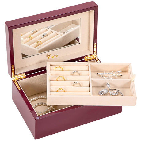 Voova Wooden Jewelry Box Organizer for Women Teen Girls, Luxury Piano Paint Wood Jewelry Case with Mirror, Large Jewellery Storage Boxes Display Voova