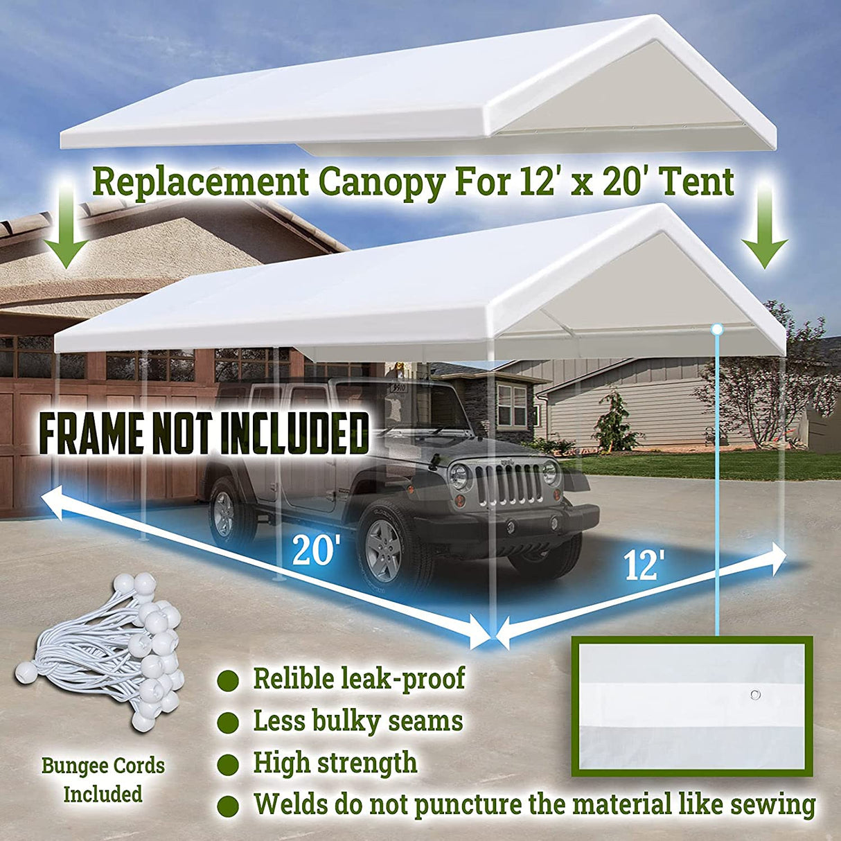 YardGrow 12x20ft Carport Canopy Replacement Cover Garage Tent Tarp Waterproof & UV Protected with Bungees, Frame Not Included (White) YardGrow
