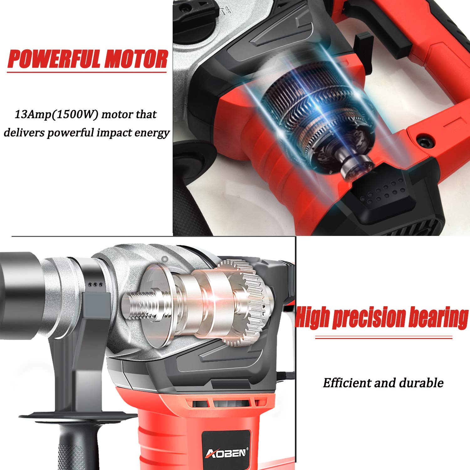 AOBEN Rotary Hammer Drill with Vibration Control and Safety Clutch,13 Amp Heavy Duty 1-1/4 Inch SDS-Plus Demolition Hammer for Concrete-Including 3 - WoodArtSupply