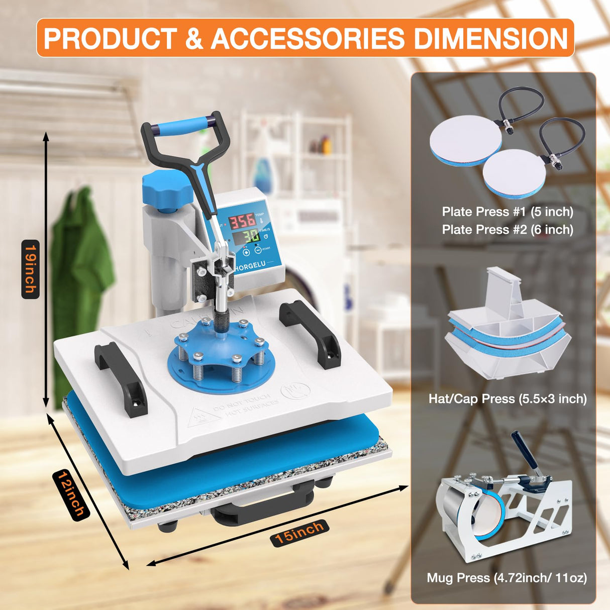 HORGELU 5 in 1 Heat Press Machine 12x15 Inch Heat Transfer Machine 360-Degree Swing Away Multifunction Digital Sublimation Combo Heat Press for T Horgelu