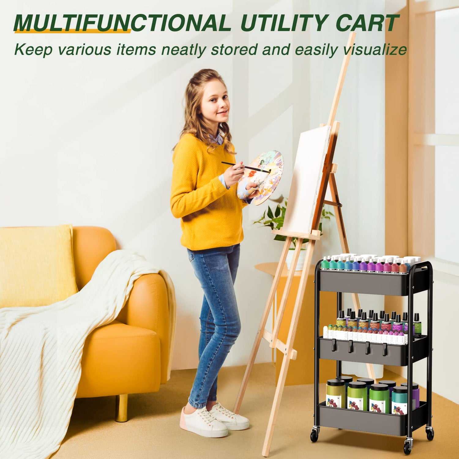 LEHOM 3 Tier Rolling Utility Cart, Metal Trolley Cart with Wheels, Hooks, Easy Assembly Organizer Storage Cart for Bathroom, Kitchen, Office, LEHOM