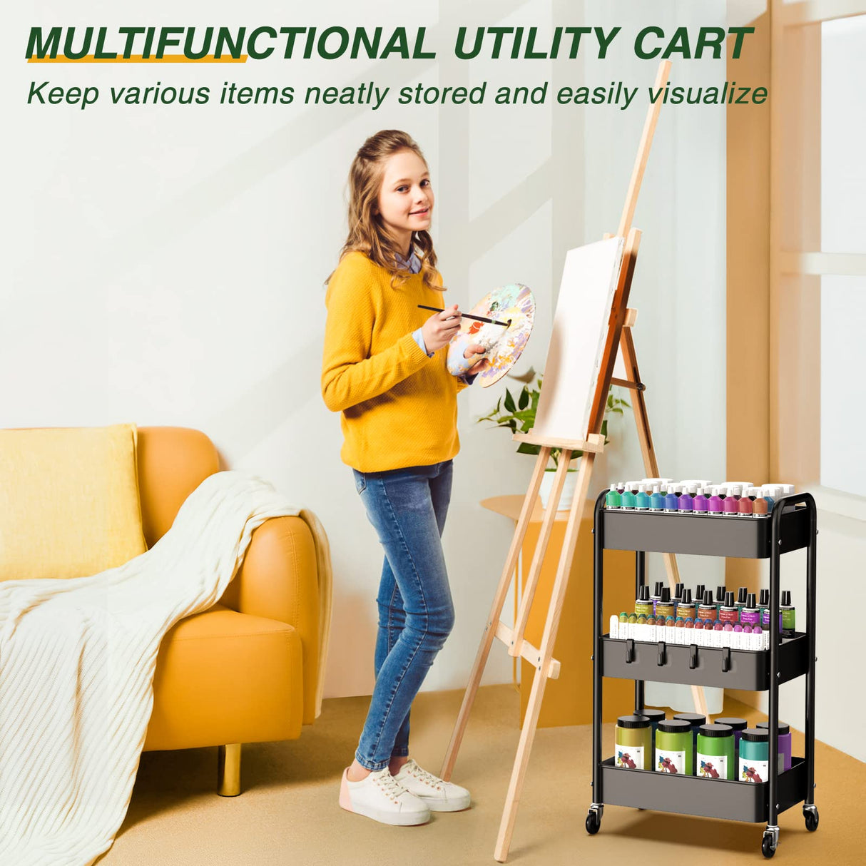 LEHOM 3 Tier Rolling Utility Cart, Metal Trolley Cart with Wheels, Hooks, Easy Assembly Organizer Storage Cart for Bathroom, Kitchen, Office, LEHOM