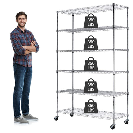 Storage Shelves 6-Tier Wire Shelving Unit Garage Shelving with Wheels 2100LBS Capacity,18" D x 48" W x 78" H Metal Shelves Storage Rack Heavy Duty Capacmkseh