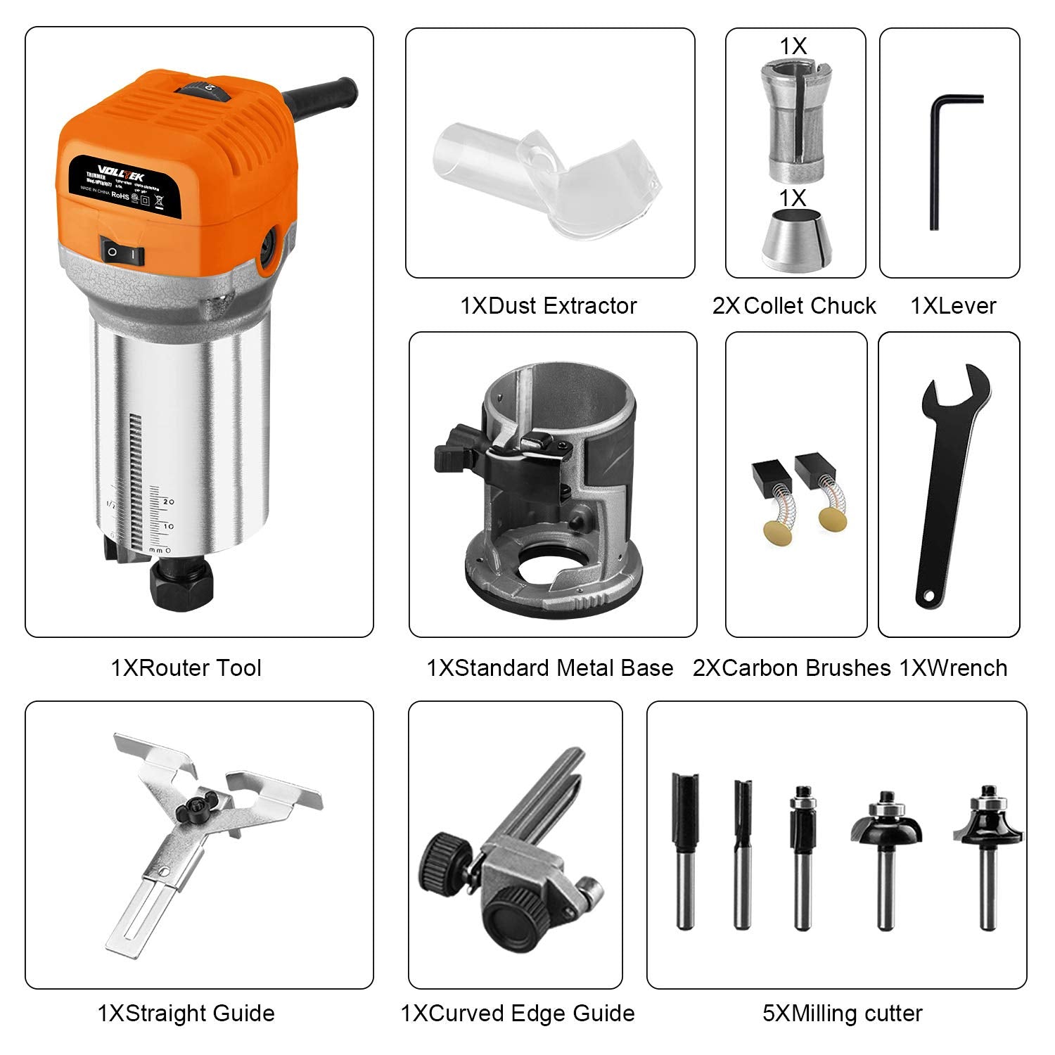 VOLLTEK 6.5-Amp Wood Router Tool, 1.25 HP Compact Trim Router with 5PCS Wood Router Bits, Edge Guide, Roller Guide, Dust Hood and 1/4" & 3/8" Collets VOLLTEK