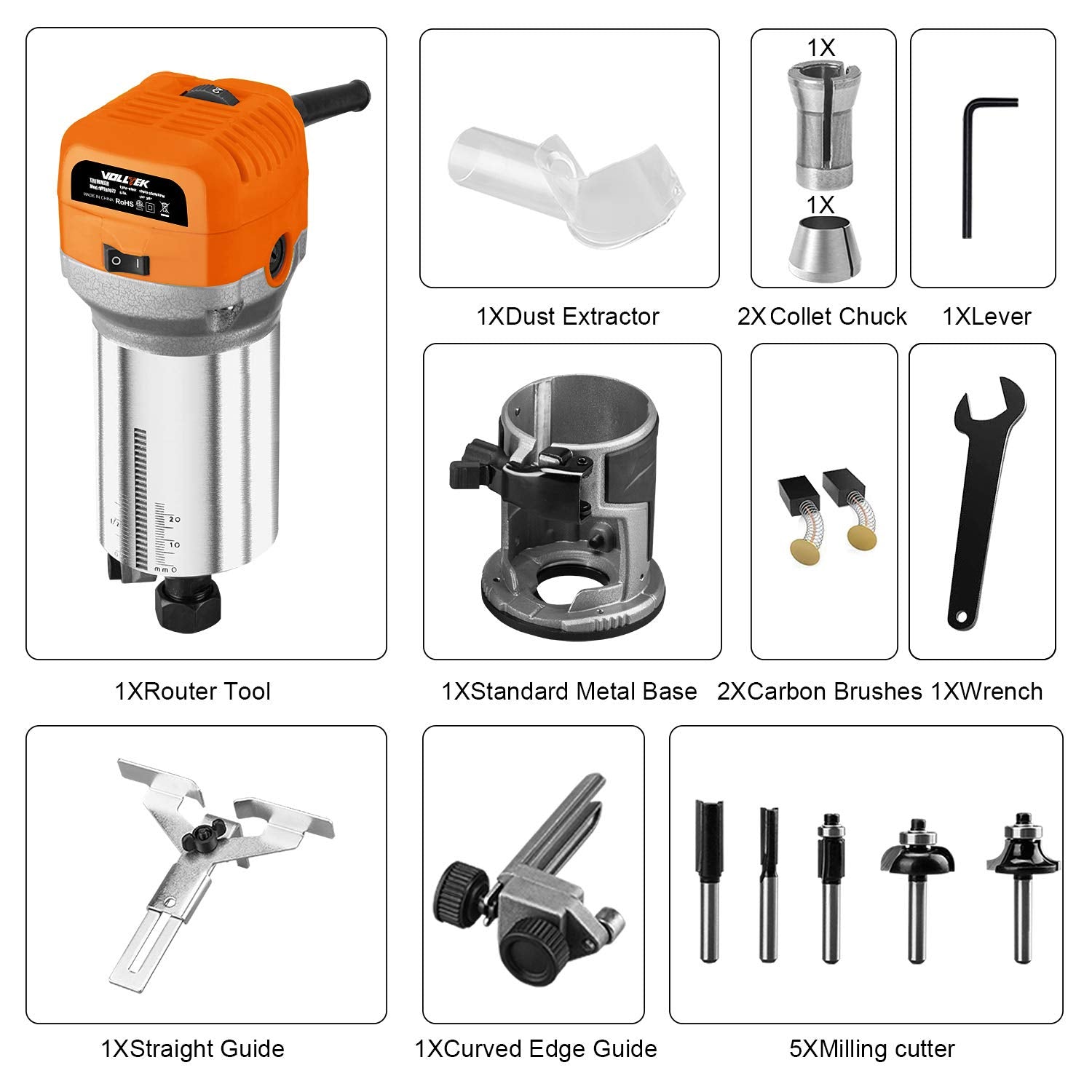 VOLLTEK 6.5-Amp Wood Router Tool, 1.25 HP Compact Trim Router with 5PCS Wood Router Bits, Edge Guide, Roller Guide, Dust Hood and 1/4" & 3/8" Collets - WoodArtSupply
