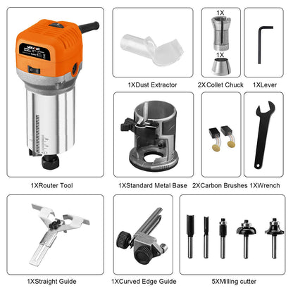 VOLLTEK 6.5-Amp Wood Router Tool, 1.25 HP Compact Trim Router with 5PCS Wood Router Bits, Edge Guide, Roller Guide, Dust Hood and 1/4" & 3/8" Collets - WoodArtSupply