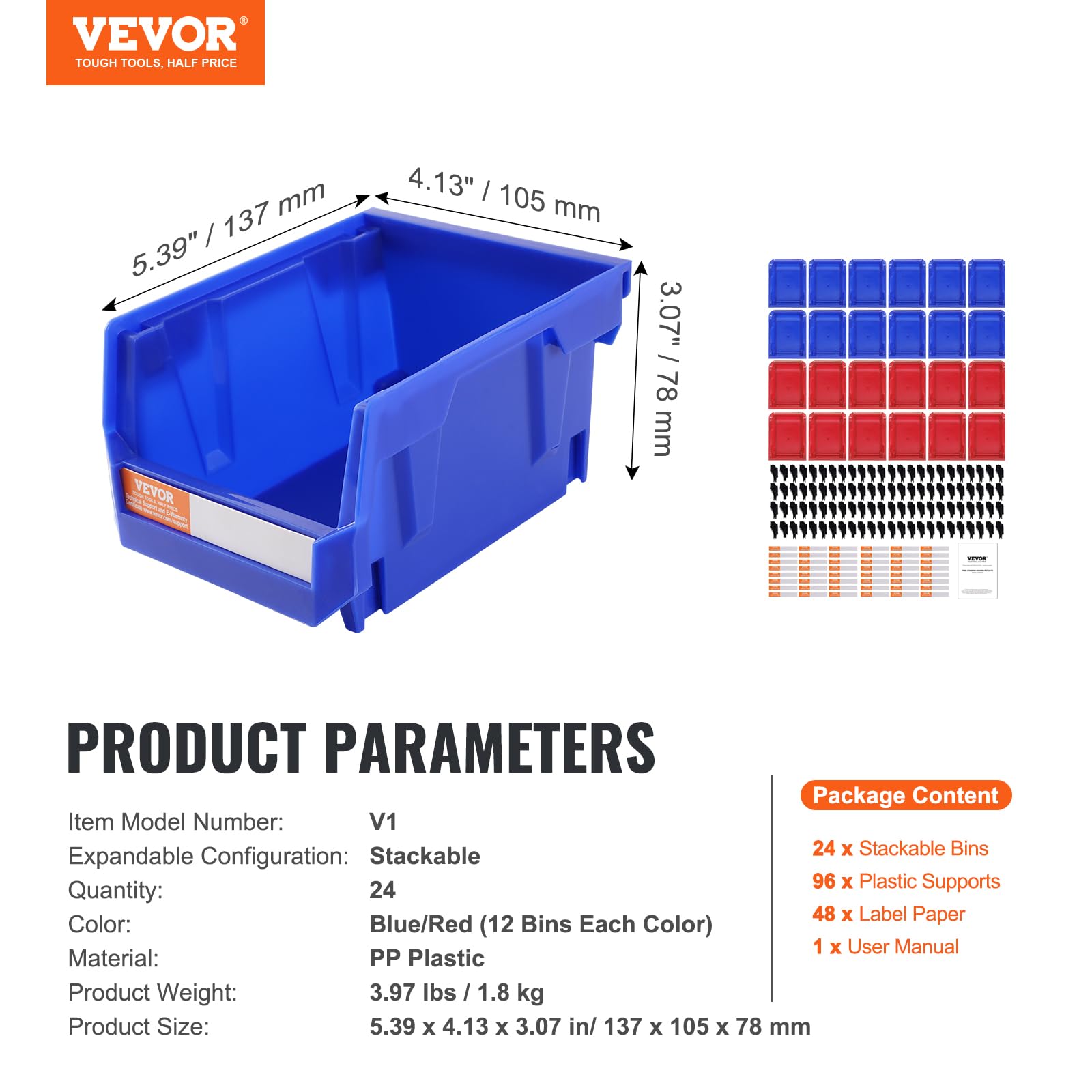 VEVOR Plastic Stackable Storage Bins 24 Pack (5 x 4 x 3-Inch), Hanging Stackable Storage Organizer Bins, Heavy Duty Stacking Containers for Closet, - WoodArtSupply