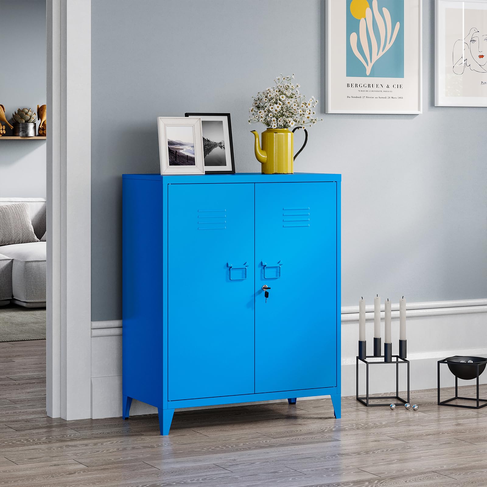 MIIIKO Metal Accent Storage Cabinet with 2 Locking Doors, Blue Locker Storage Cabinets with 2 Adjustable Shelves, Sideboard Buffet Cabinet for - WoodArtSupply