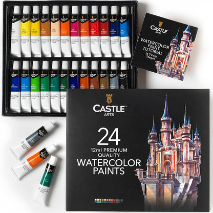 Castle Art Supplies 24 x 12ml Watercolor Paint Tube Set | Value for Adult Artists | Quality, Intense Colors | Just Squeeze The Tube, Mix with Water - WoodArtSupply