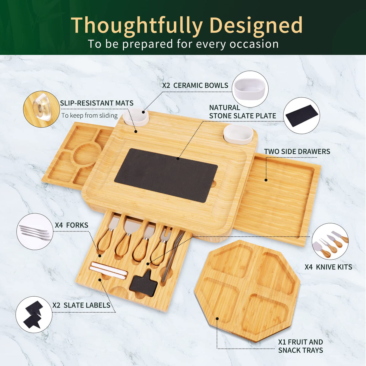 Large Charcuterie Cheese Board and Knife Set, 3 Drawers Kitchen Charcuterie Platter & Large Serving Tray - House Warming, Anniversary Wedding Gifts YZS Housm