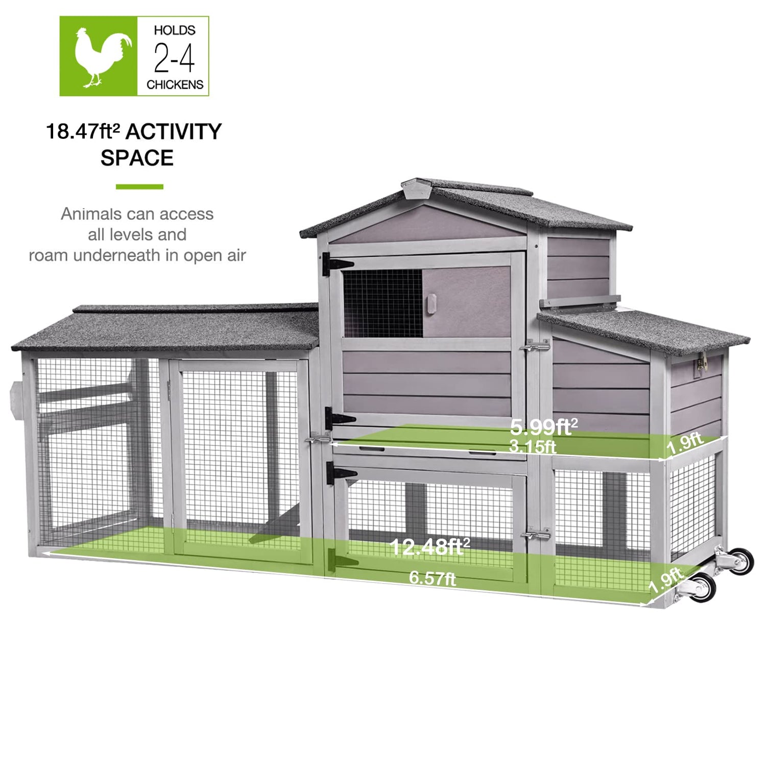 Chicken Coop 80in Mobile Chicken House with Run Portable Wooden Poultry Cage with Nesting Box Rabbit Hutch on Wheels,Movable GUTINNEEN