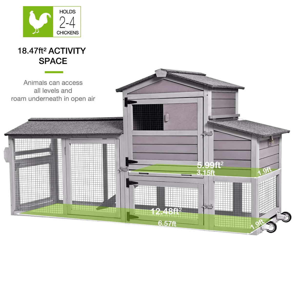 Chicken Coop 80in Mobile Chicken House with Run Portable Wooden Poultry Cage with Nesting Box Rabbit Hutch on Wheels,Movable GUTINNEEN