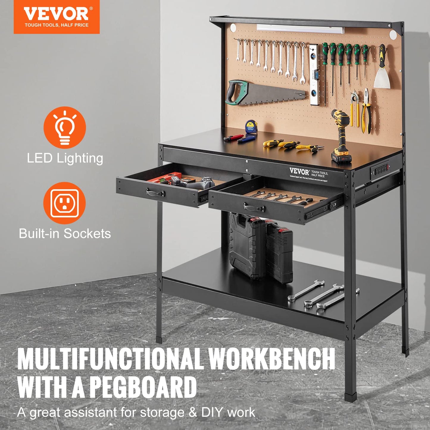 VEVOR Workbench A3 Steel Work Bench for Garage max. 1500W Heavy Duty Workbench 220lbs Weight Capacity 0.47" Bench top Thickness Hardwood Workbench - WoodArtSupply