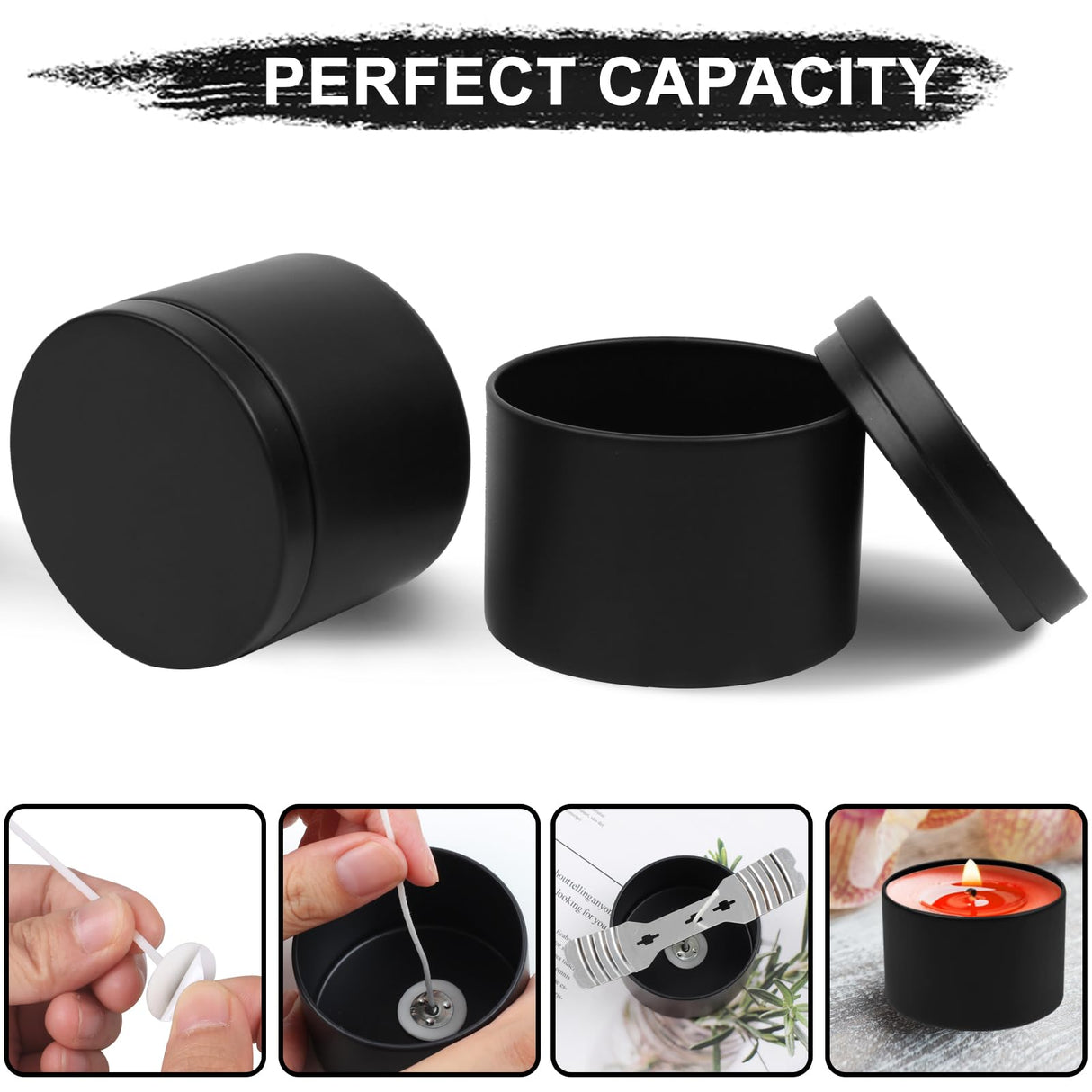 DINGPAI 24 Pcs Black Candle Tins, 4 oz Black Empty Candle Tin with Lids for DIY Candles Making, Matte Full Black Candle Jars for Candle Making, DINGPAI