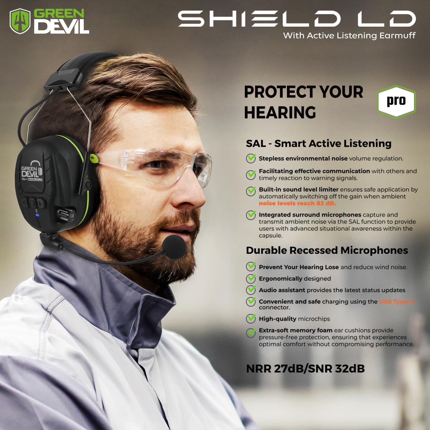 GREEN DEVIL Noise Cancelling Ear Protection Headphones with 5.3 Bluetooth and External Mic NRR 27 dB Hearing Ear Muffs GREEN DEVIL