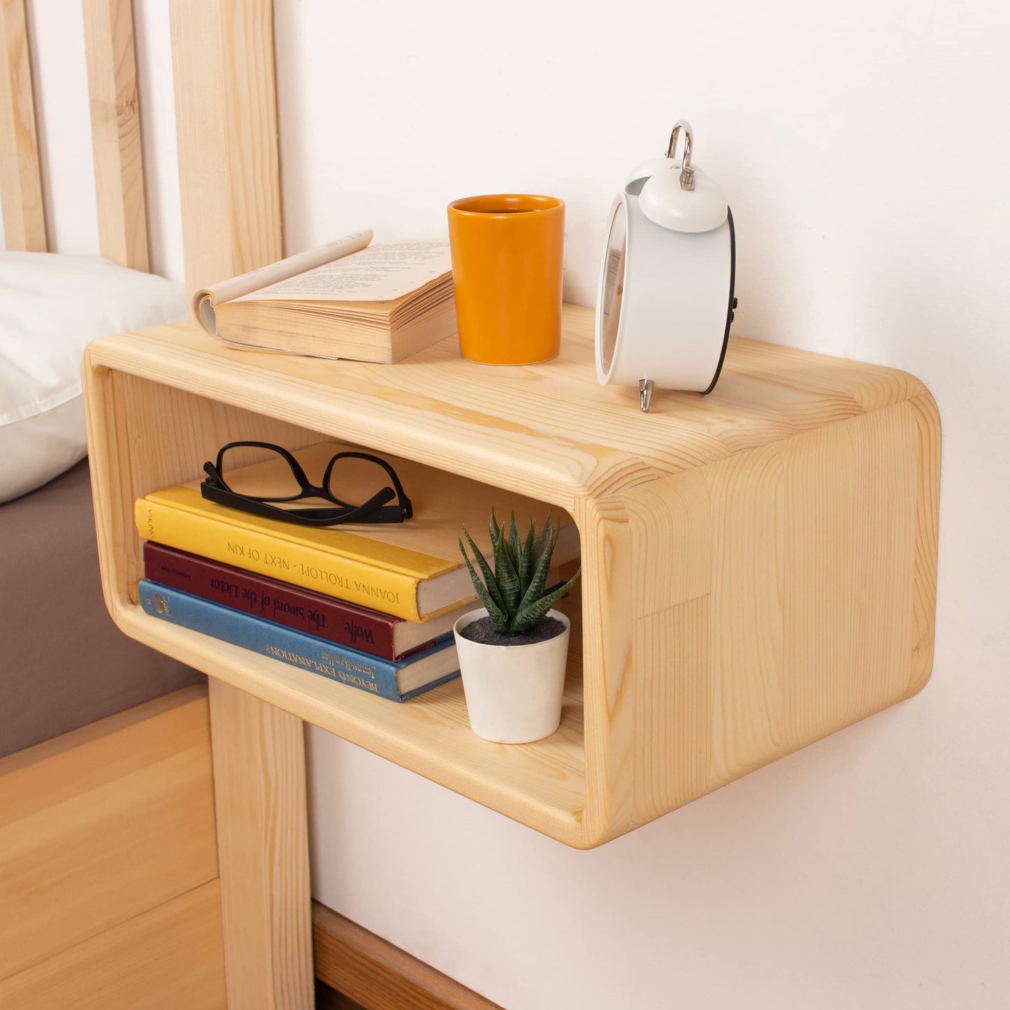 WOODCHES Floating Nightstand Wooden, Bedside Table, Nightstand Shelf, Handmade, Wall Mounted Bedside Shelf, Minimalist and Unique Style (Natural) - WoodArtSupply