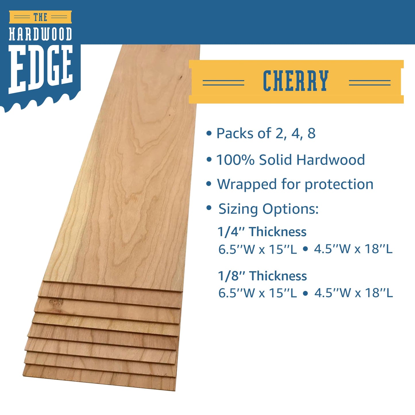 The Hardwood Edge Cherry Wood Planks - 4-Pack Cherry Craft Wood for Unfinished Wood Crafts - 1/4’’ (6mm) 100% Pure Hardwood - Laser Engraving Blanks