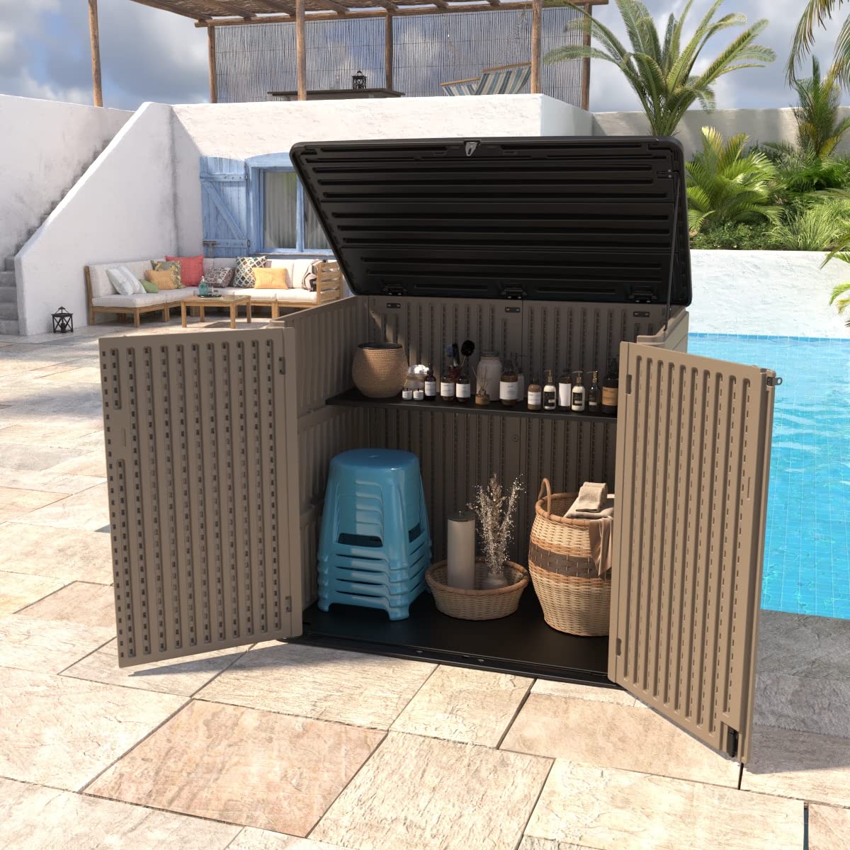 ADDOK Horizontal Large Outdoor Storage Sheds, Resin Patio Outdoor Storage Cabinet for Patio Furniture,Grill, Pool Toys and Gardening Tools. ADDOK