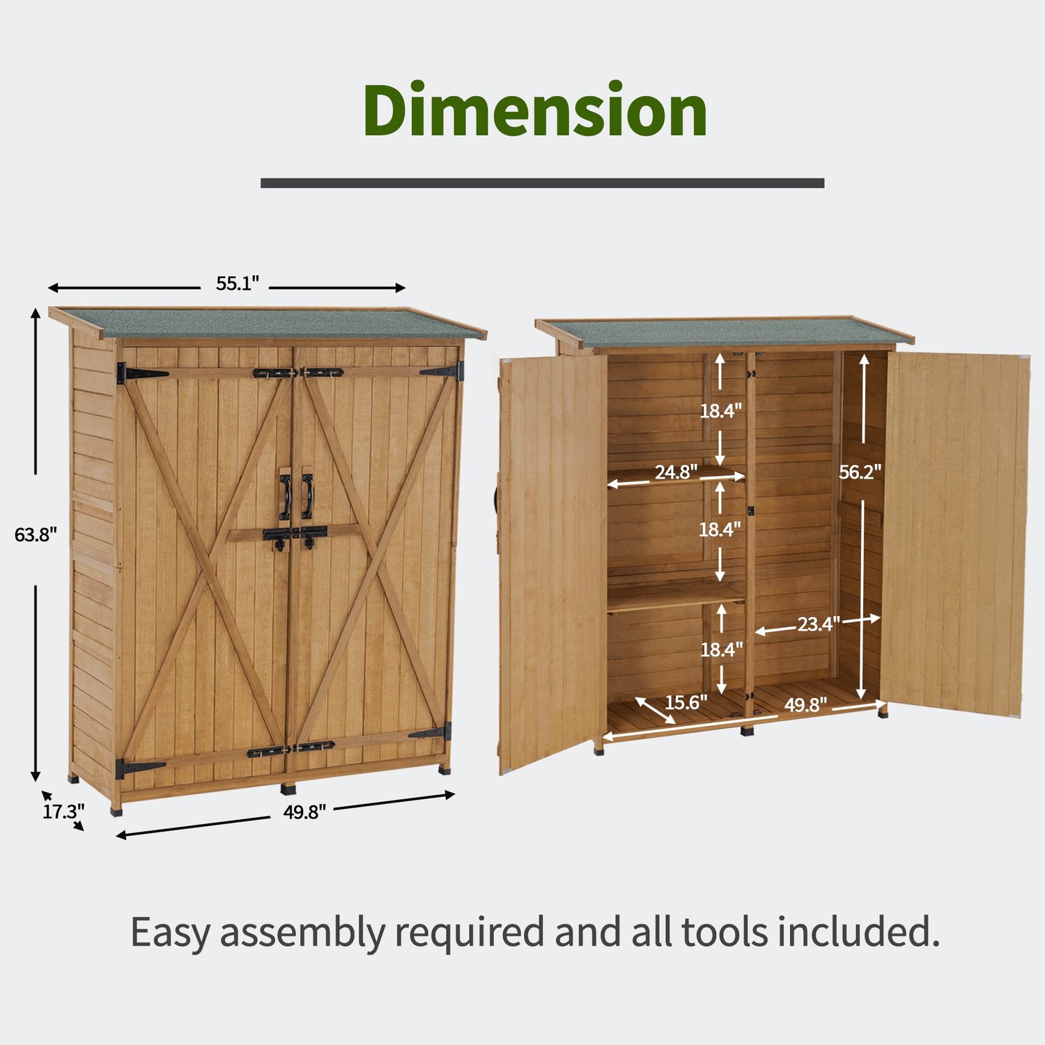 MCombo Outdoor Storage Cabinet, Wood Garden Shed, Outside Tool Shed, Vertical Organizer Cabinet with Double Lockable Doors for Outside, Garden and mcombo