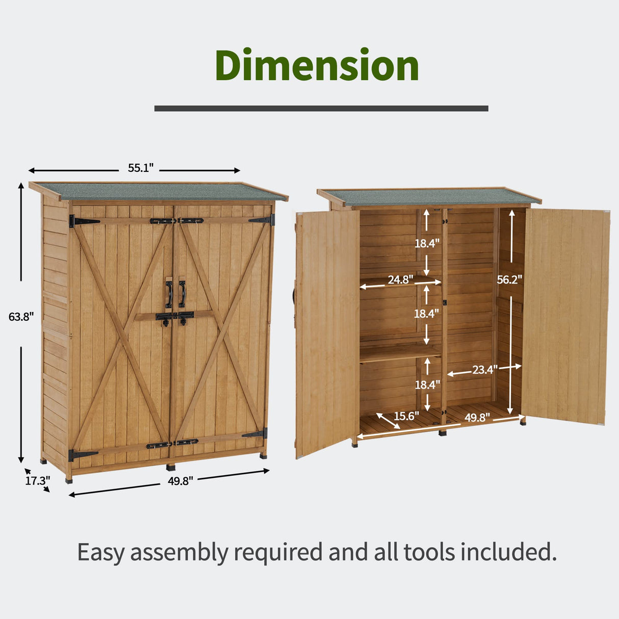 MCombo Outdoor Storage Cabinet, Wood Garden Shed, Outside Tool Shed, Vertical Organizer Cabinet with Double Lockable Doors for Outside, Garden and mcombo