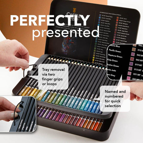 Castle Art Supplies 48 Piece Metallic Colored Pencil Set | 48 Shimmering Shades with Wax Cores for Professional, Adult Artists and Colorists | Castle Art Supplies