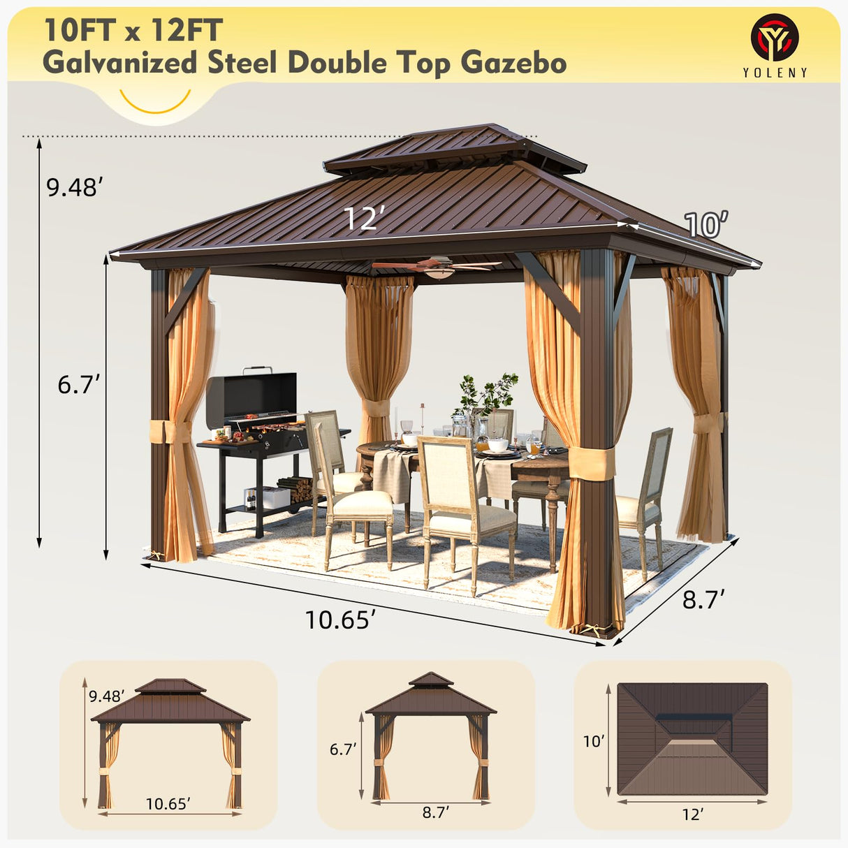 YOLENY 10' x 12' Hardtop Gazebo, Metal Gazebo with Aluminum Frame, Double Galvanized Steel Roof, Curtains and Netting Included, Pergolas for Patios, YOLENY