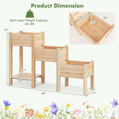 S AFSTAR 3-Tier Wooden Raised Garden Bed, Elevated Garden Planter with 3 Planter Boxes, Open Storage Shelf, Drainage Holes, Outdoor Vertical Plant S AFSTAR