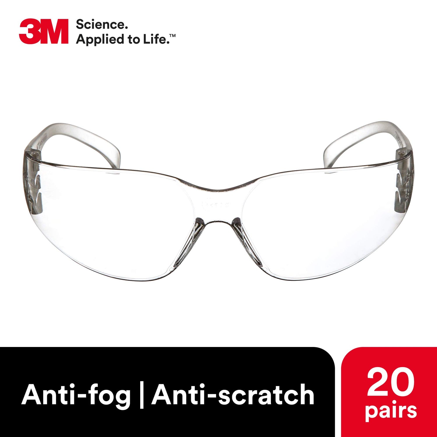 3M Safety Glasses, Virtua, 20 Pair, ANSI Z87, Anti-Fog Scratch Resistant Clear Lens, Clear Frame, Wraparound Coverage 3M