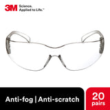 3M Safety Glasses, Virtua, 20 Pair, ANSI Z87, Anti-Fog Scratch Resistant Clear Lens, Clear Frame, Wraparound Coverage 3M