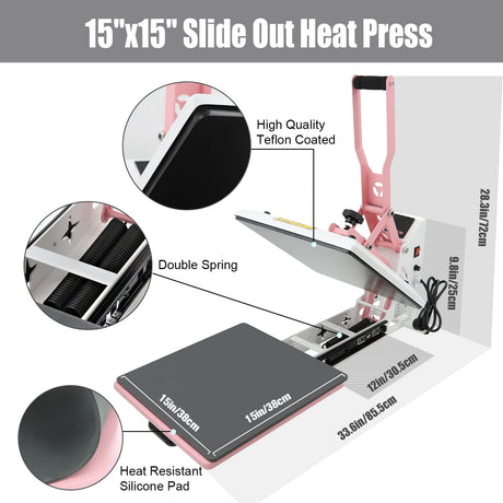 BetterSub Heat Press 15x15 inch Digital Heat Press Machine, Slide Out Industrial Quality T-Shirt Heat Transfer Machine Pink BetterSub
