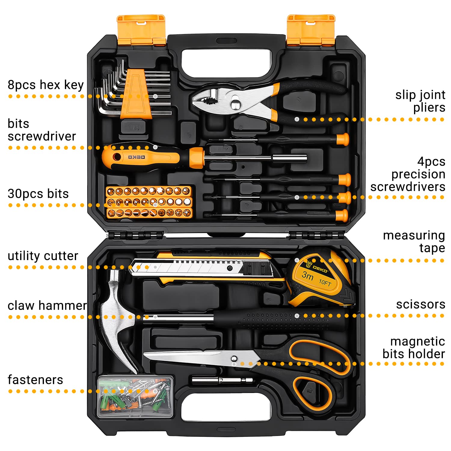 DEKOPRO General Household Hand Tool Kit with Plastic Toolbox Storage Case, All Purpose Home Tool Kit Includes Essential Tools for Office College DEKOPRO