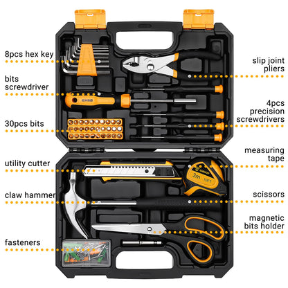 DEKOPRO General Household Hand Tool Kit with Plastic Toolbox Storage Case, All Purpose Home Tool Kit Includes Essential Tools for Office College - WoodArtSupply