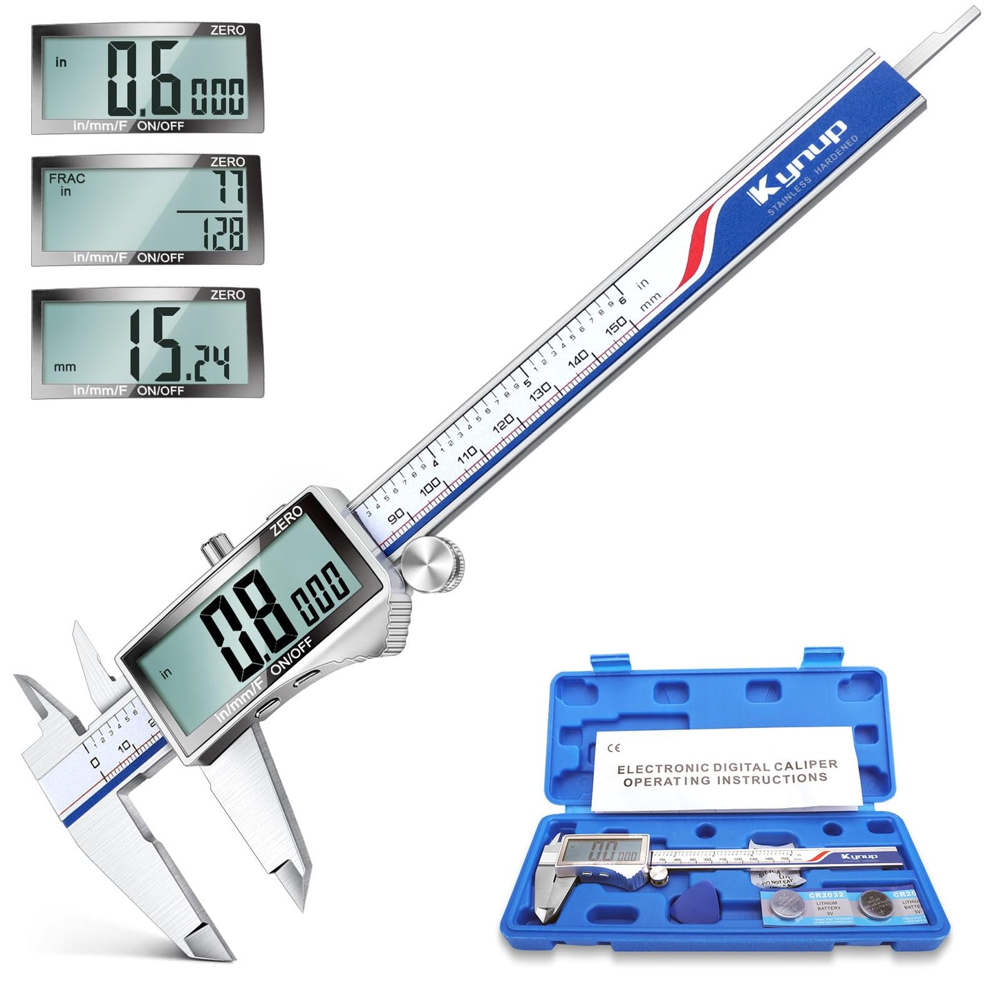 Kynup Digital Caliper, Caliper Measuring Tool with Large LCD Screen, Micrometer Caliper, Stainless Steel, Screen Splash Proof, Easy Switch from Inch - WoodArtSupply