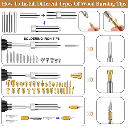 62Pcs Wood Burning Tips, Professional Wood Burning Pen Tips and Metal Alphabet Number Stencils Set, Perfect Wood Burning Embossing Carving DIY Crafts Tool for Adults Beginners