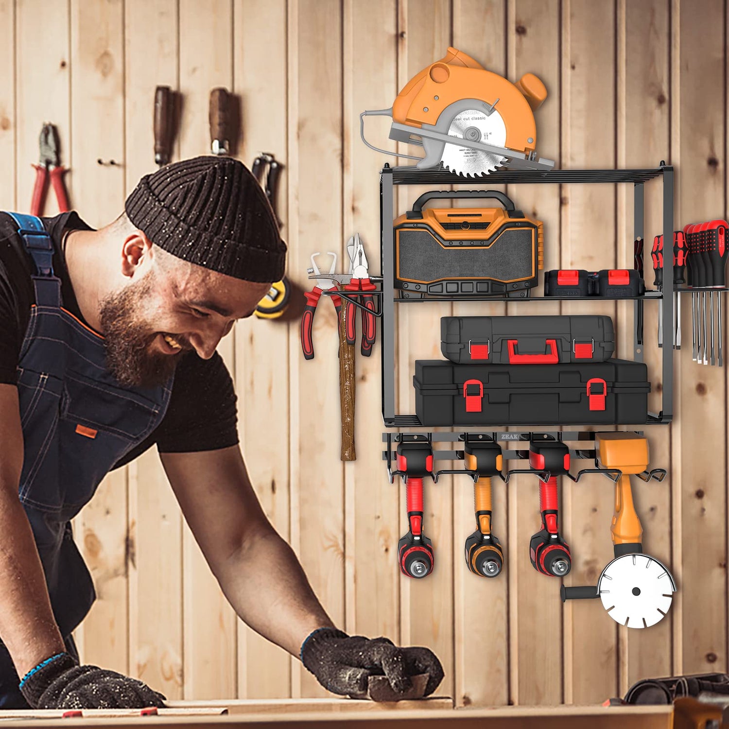 ZEAKOC Power Tool Organizer, 4 Layers Heavy Duty Drill Holder Wall Mount,Metal Hangers Utility Storage Shelves for Power Tools,Separate Rack ZEAKOC